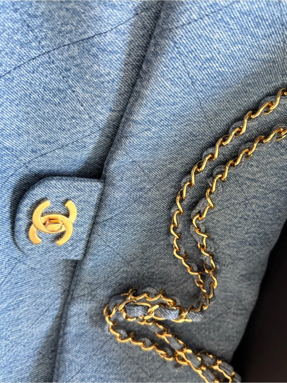 CHANEL Maxi Flapbag Light Blue Denim Quilted Flap Shoulder Bag with Gold Chain